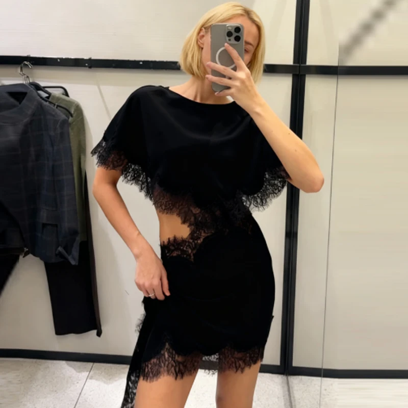 HXAO Satijnen Asymmetrische Jurk Damesjurken Zomer Sexy Kant Mini Uitgesneden Vleermuismouwen Jurk Elegante Cocktail Avond Vestidos