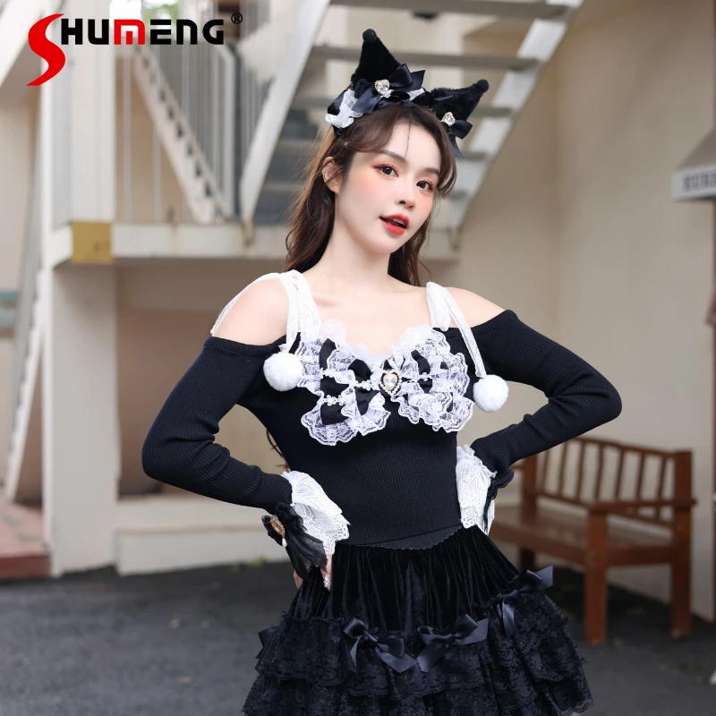 

Lolita Bowknot Heart-Shaped Lace Cropped Knit Top Princess Sweet Lace Up Fur Ball Long Bell Sleeve Slimming Black Knitted Jumper