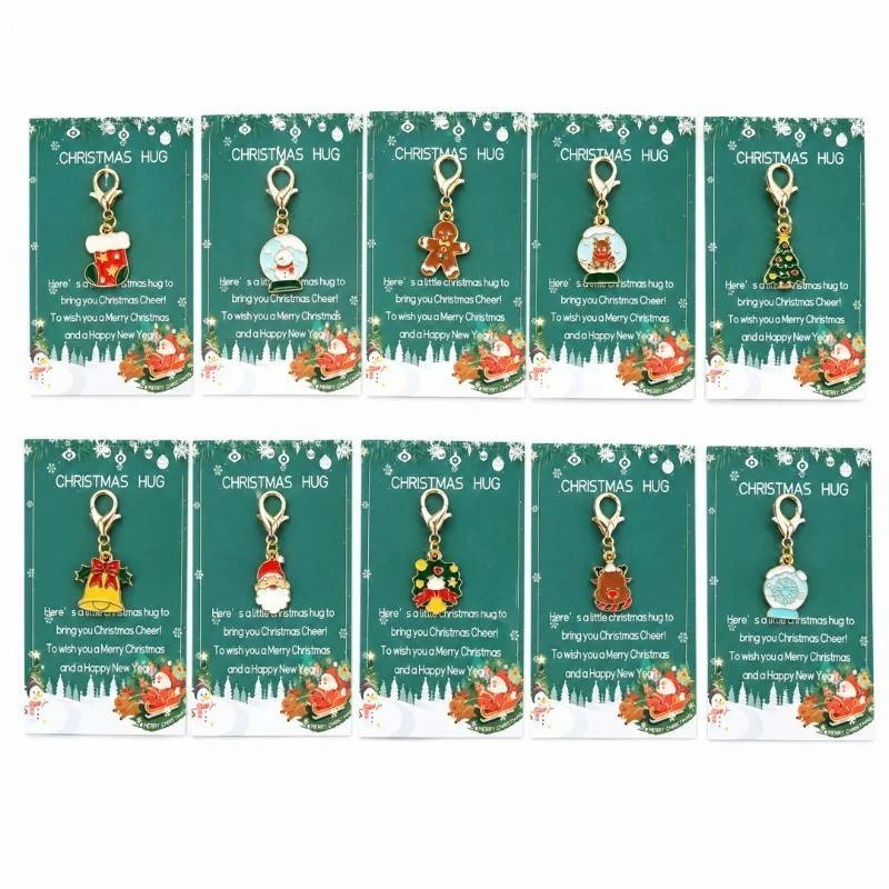 10Pcs Santa Claus Snowman Gingerbread Man Reindeer Designs Christmas-Themed Keychain With Christmas Hug Greeting Card Gift