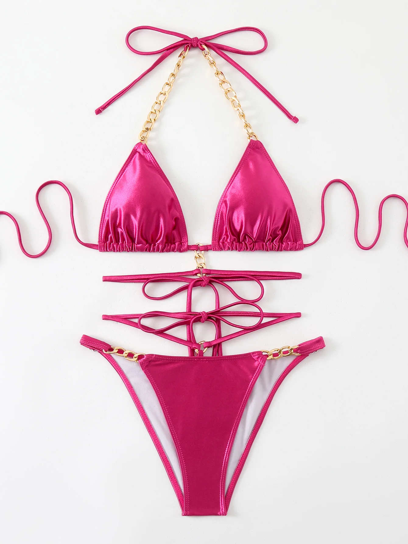 

Металлический бикини-комплект с цепочками, сексуальный купальник с открытой спиной и завязками, женский купальник с вырезами и шнуровкой, состоящий из двух частей