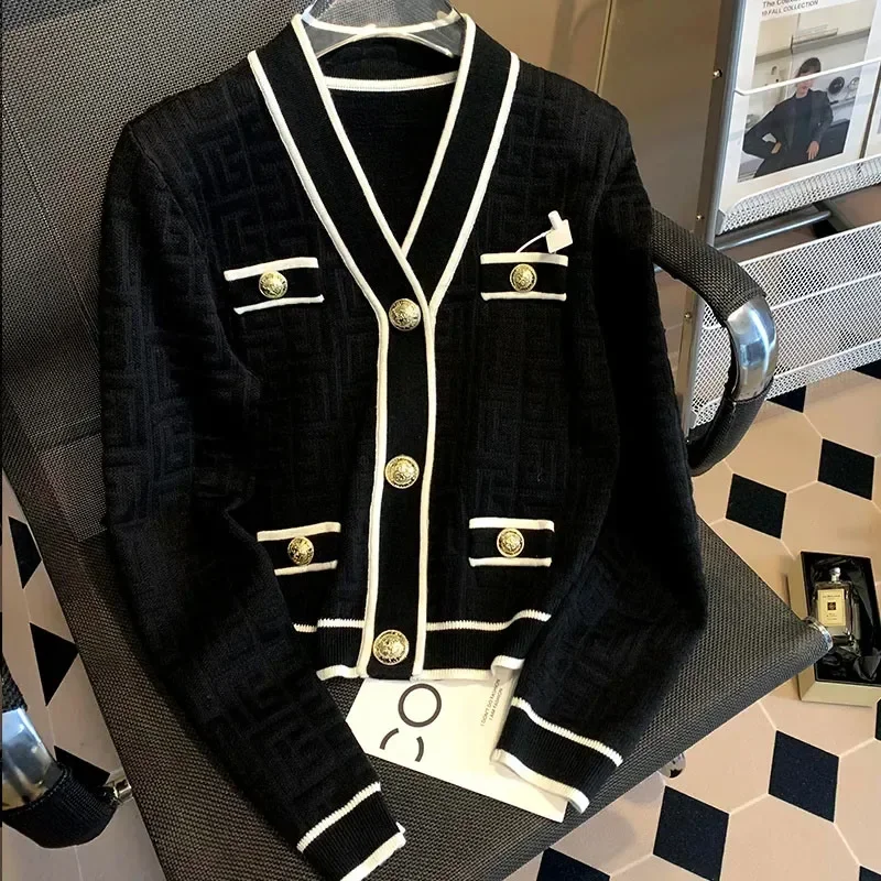 Spring Autumn 2024 V-Neck Knitting Cardigan Coat Button Jacquard Sweater Women's New Fashion Black White Knitwear Tops Jacket