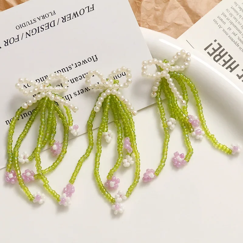 1pcs Cute Tassel Bellflower Bow Earrings Diy Material Hand-woven Beads Hairpin Accessories Scrapbooking Embellishments