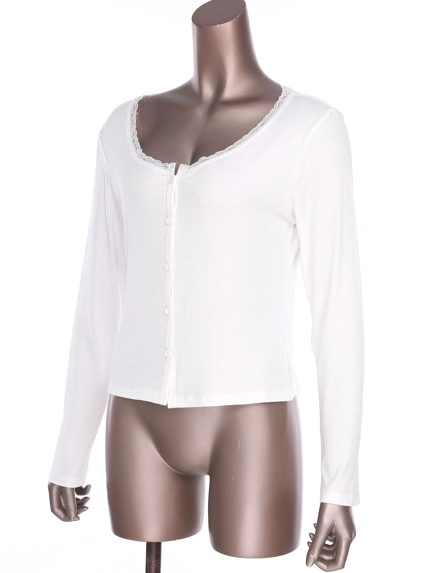 Womens Knitted Cardigan Long Sleeve Buttons Neckline Lace Trim Shrugs Crop Top Sweater Outerwear for Office Daily Casual Wear