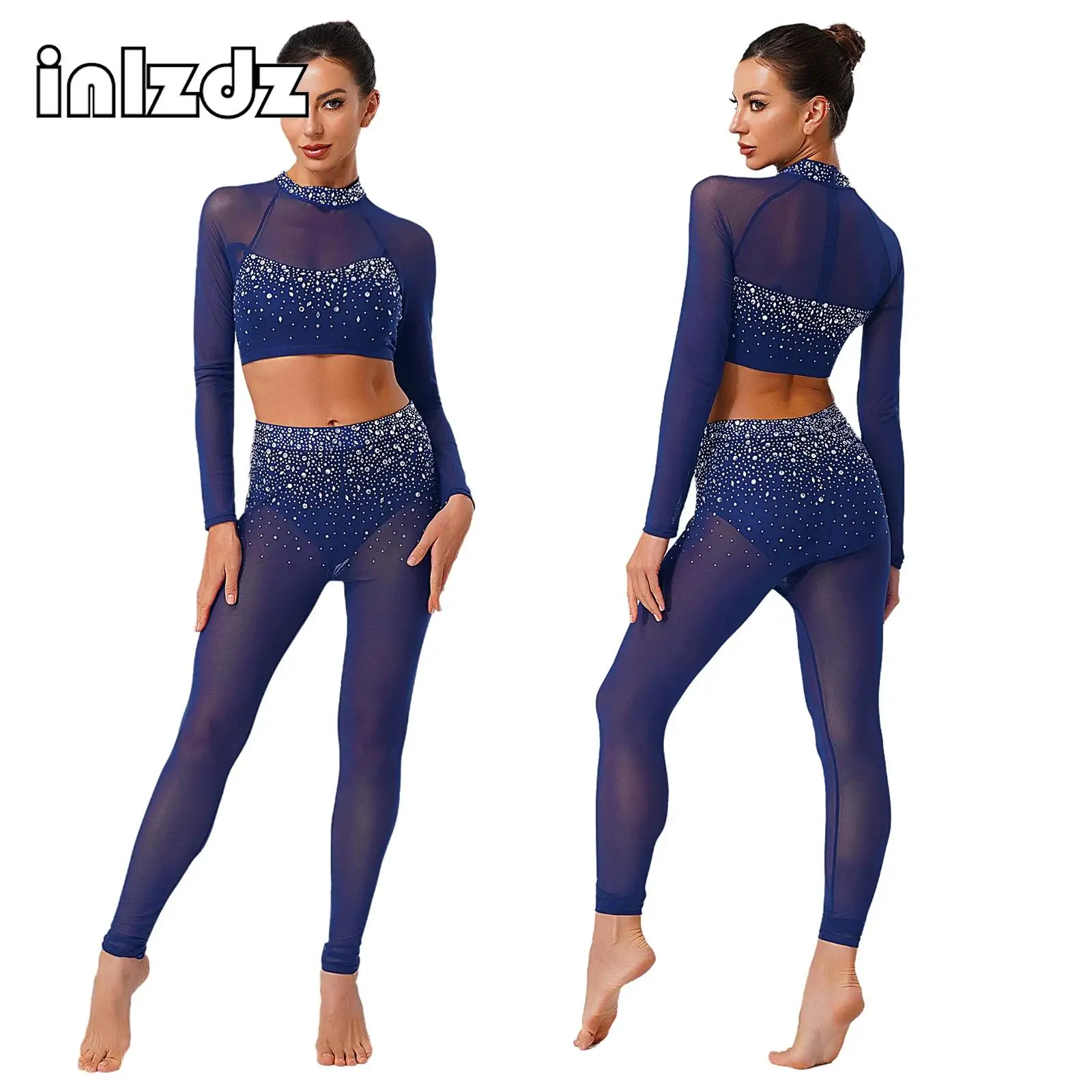 Traje de baile de patinaje artístico atlético para gimnasia rítmica para mujer, Tops de manga larga, traje de mallas para Ballet moderno, Ropa de baile latino