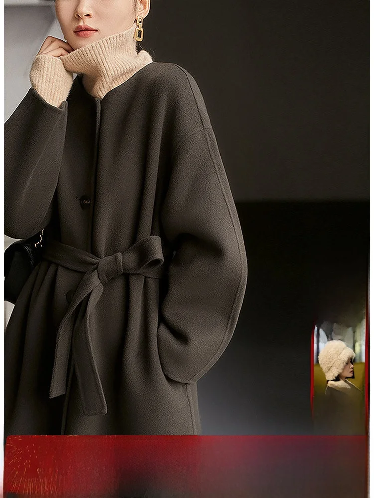 

Двустороннее шерстяное пальто Ele round Ne Long, классический силуэт, женственное, высококачественная шерстяная верхняя одежда для женщин