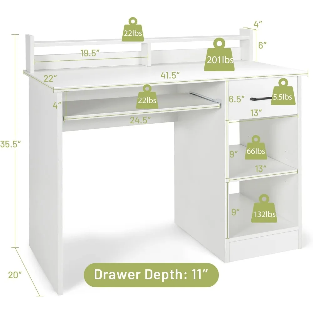 Wit Bureau Met Lade & Toetsenbord Lade, 22 Inch Brede Moderne Studie Schrijfbureau Met Desktop Hok & Opslag Planken