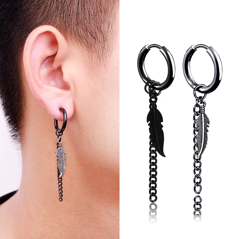 SOHOT New Unisex Vintage Black Feather Leaf Hoop Earrings Metal Stainless Steel Man Wholesale Punk Hip Hop Bar Party Chic Gift