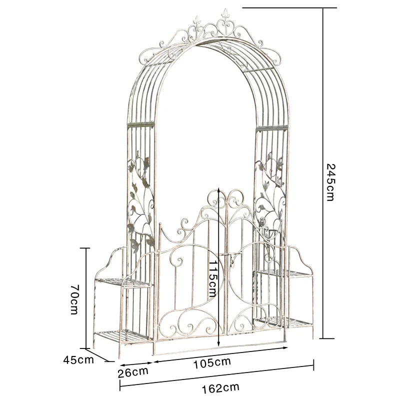 Retro old outdoor wrought iron rose climbing vine bracket arch flower stand garden with door terrace courtyard decoration