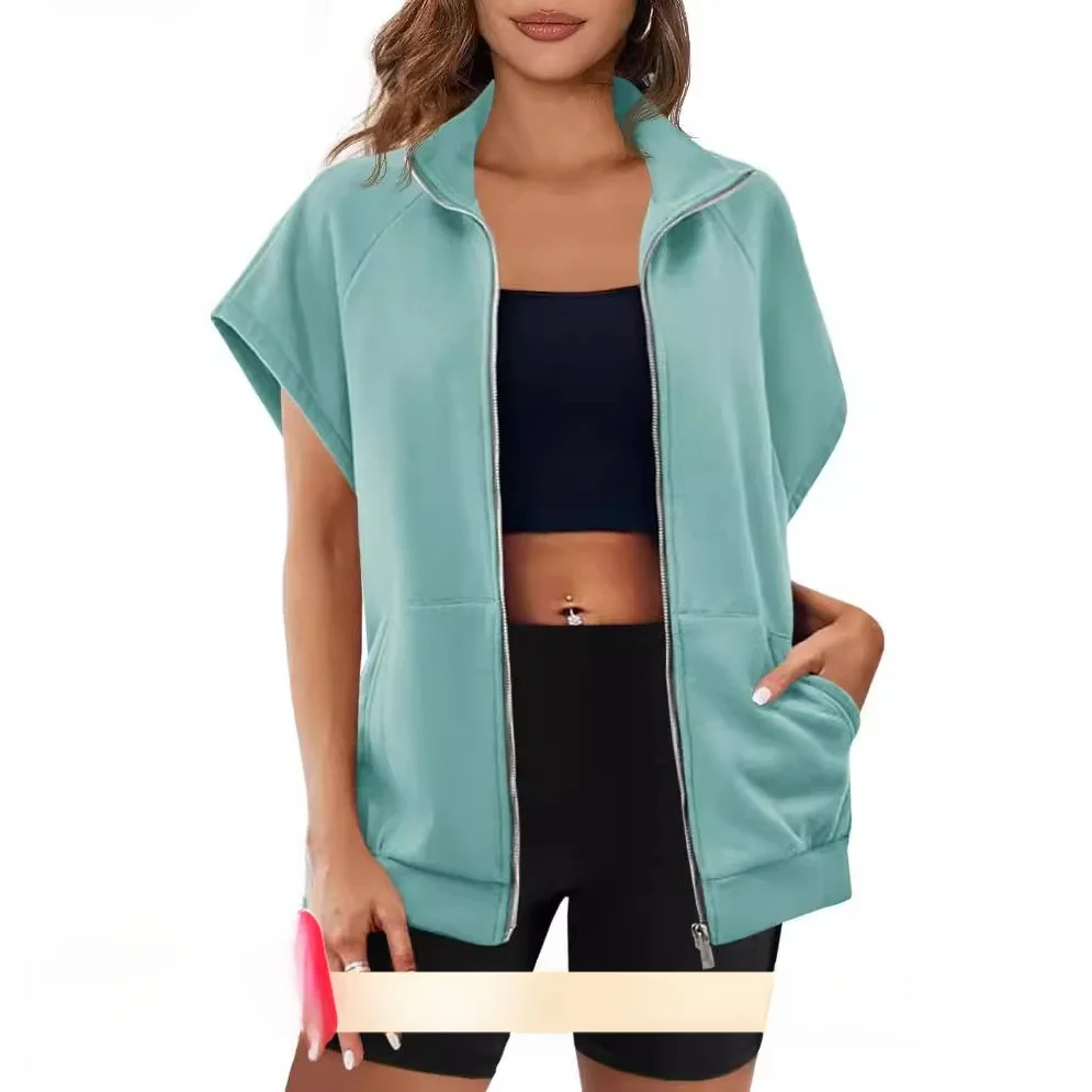 

Women's Collar Zipper ket Sweatirt Thin Organic Cotton Folded Fabric Spring 2024 Faion Ladies Vest