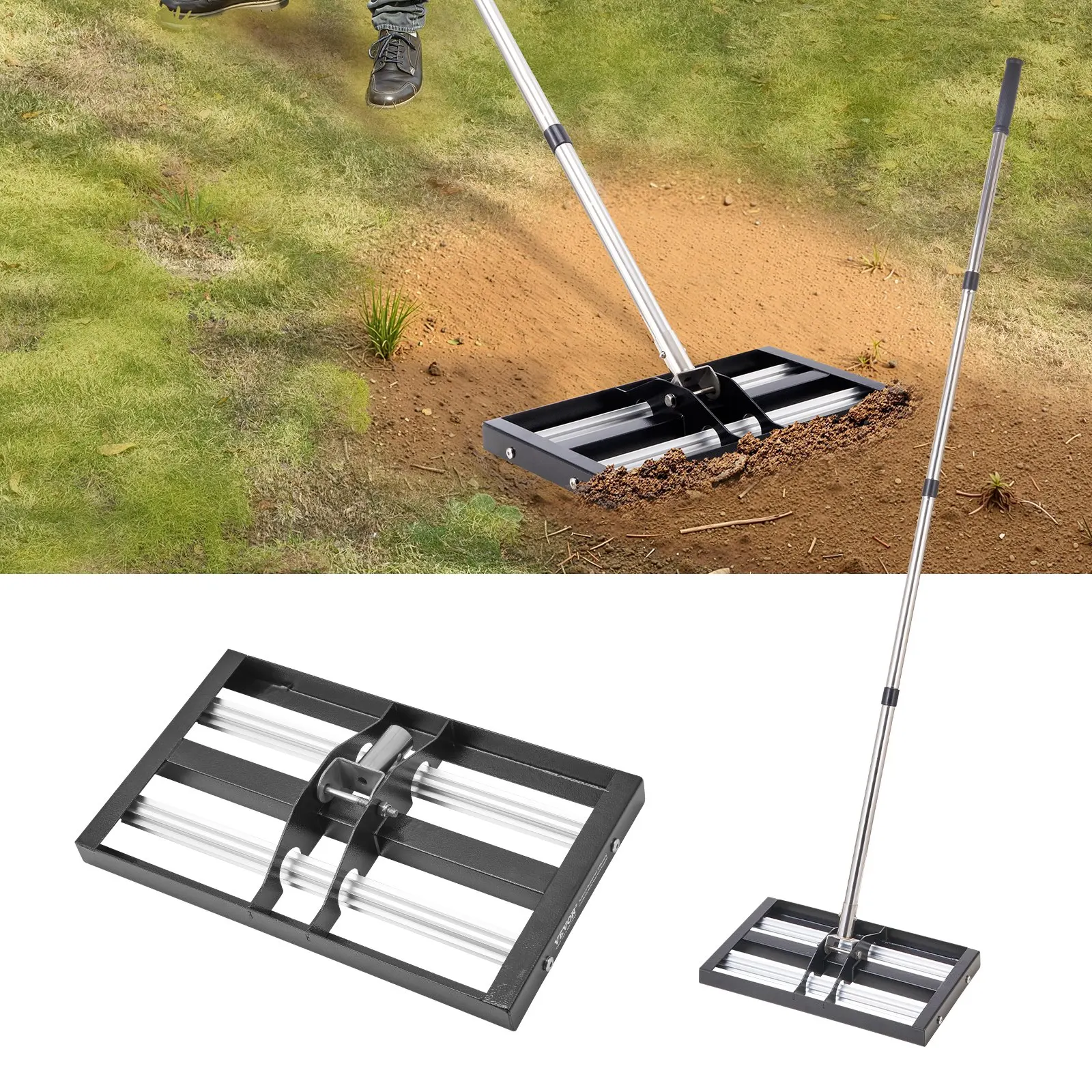 

17x10in Lawn Leveling Rake With 63.4 In Adjustable Handle For Yard Heavy Duty