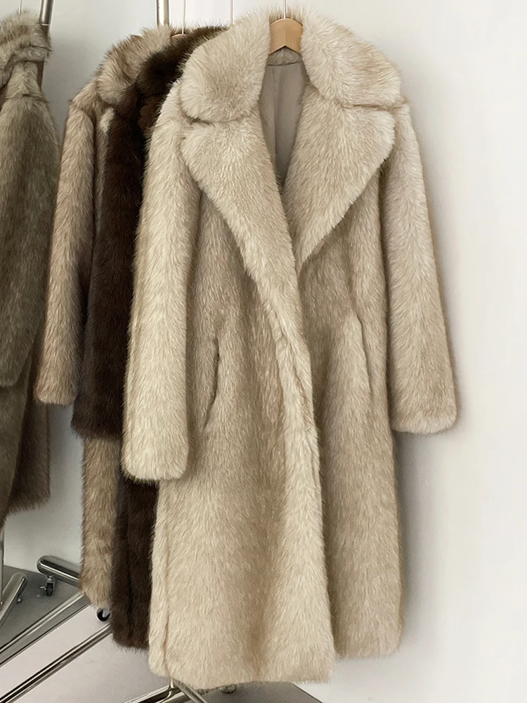 Winter New Women Faux Fur Jacket Coat Solid Khaki Long Sleeve Thick Warm Overcoat Outwear Female Fluffy Coat