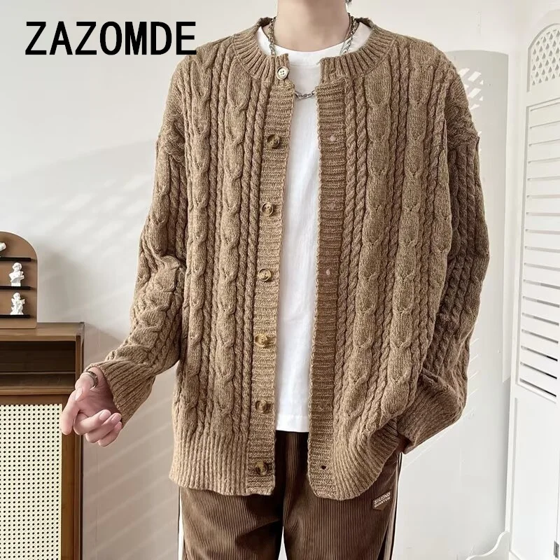 ZAZOMDE Vintage Patchwork Twist Jacquard Knit Cardigans Mens Classic V Neck Buttoned Sweater Men Casual Knitting Sweatercoats