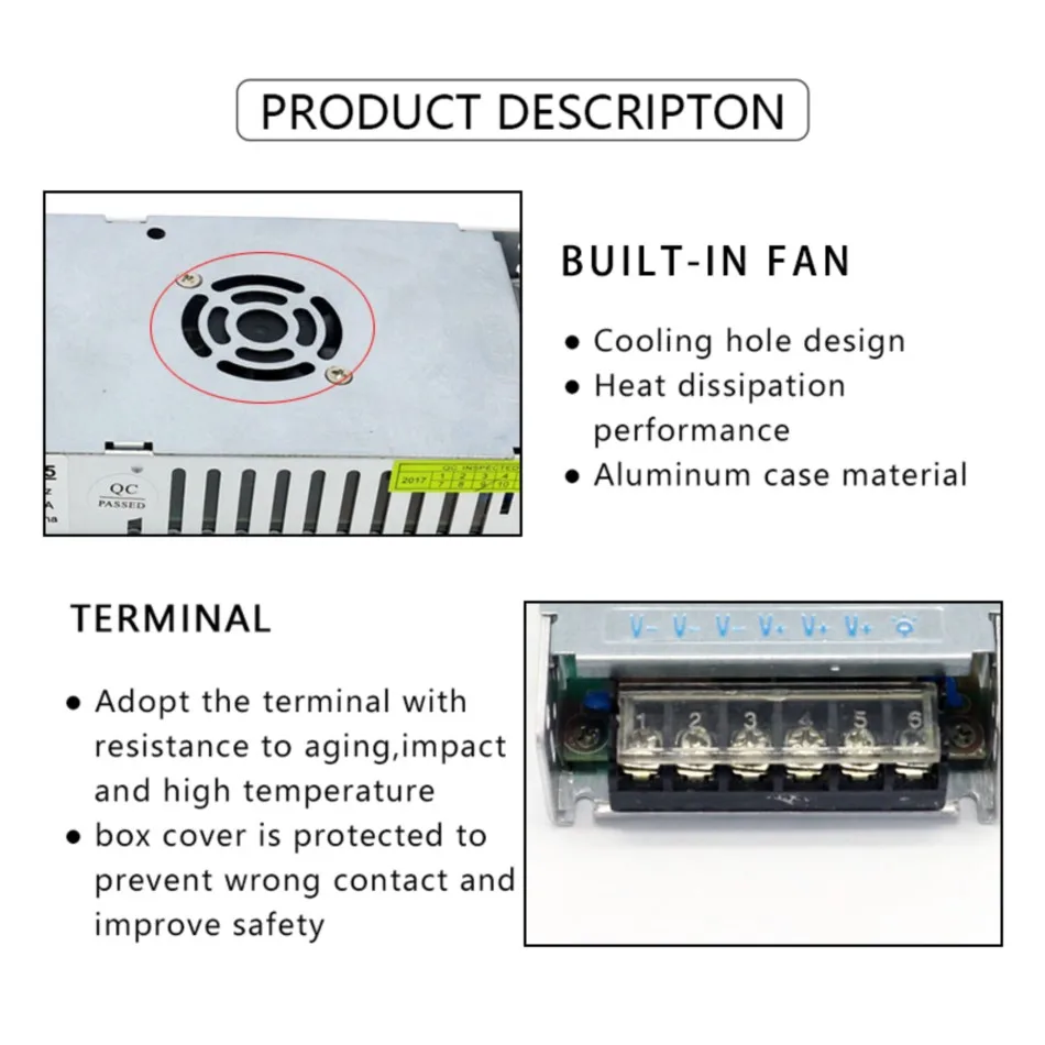 170-250V AC to DC 5V 60A 300W Aluminium Case Ultra-thin Switching Power Supply with Built-in Fan for OLED LCD LED Display Screen