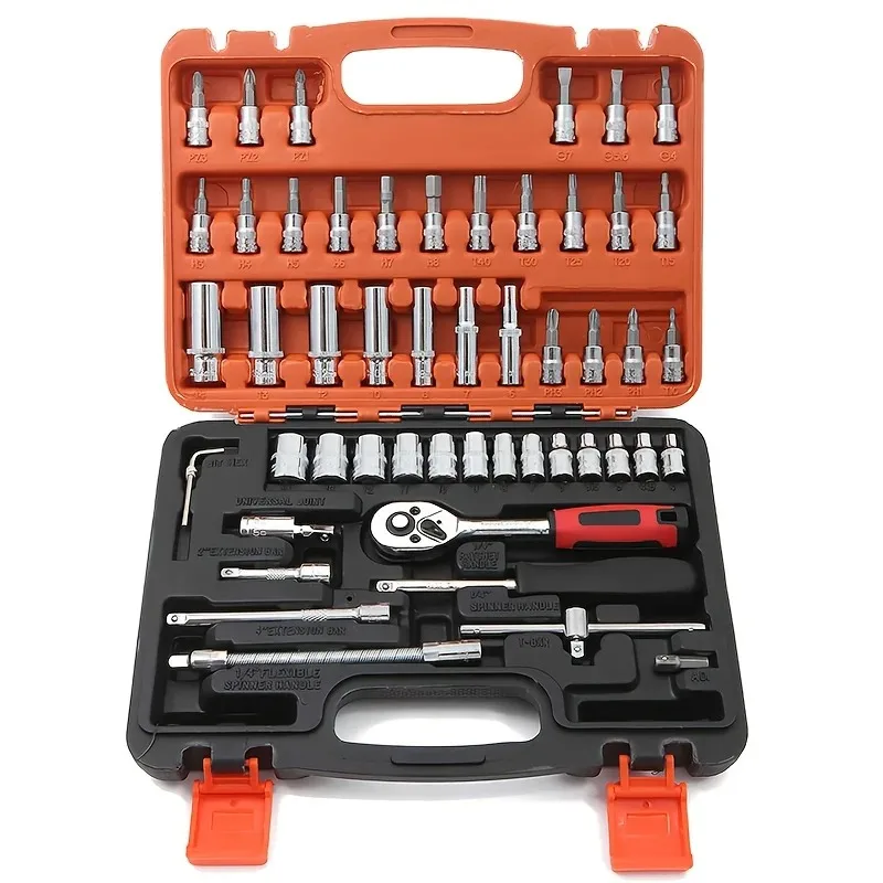 1/4 inch drive socket kit, mini ratchet wrench with storage compartment, socket kit with drill bit, suitable for auto repair