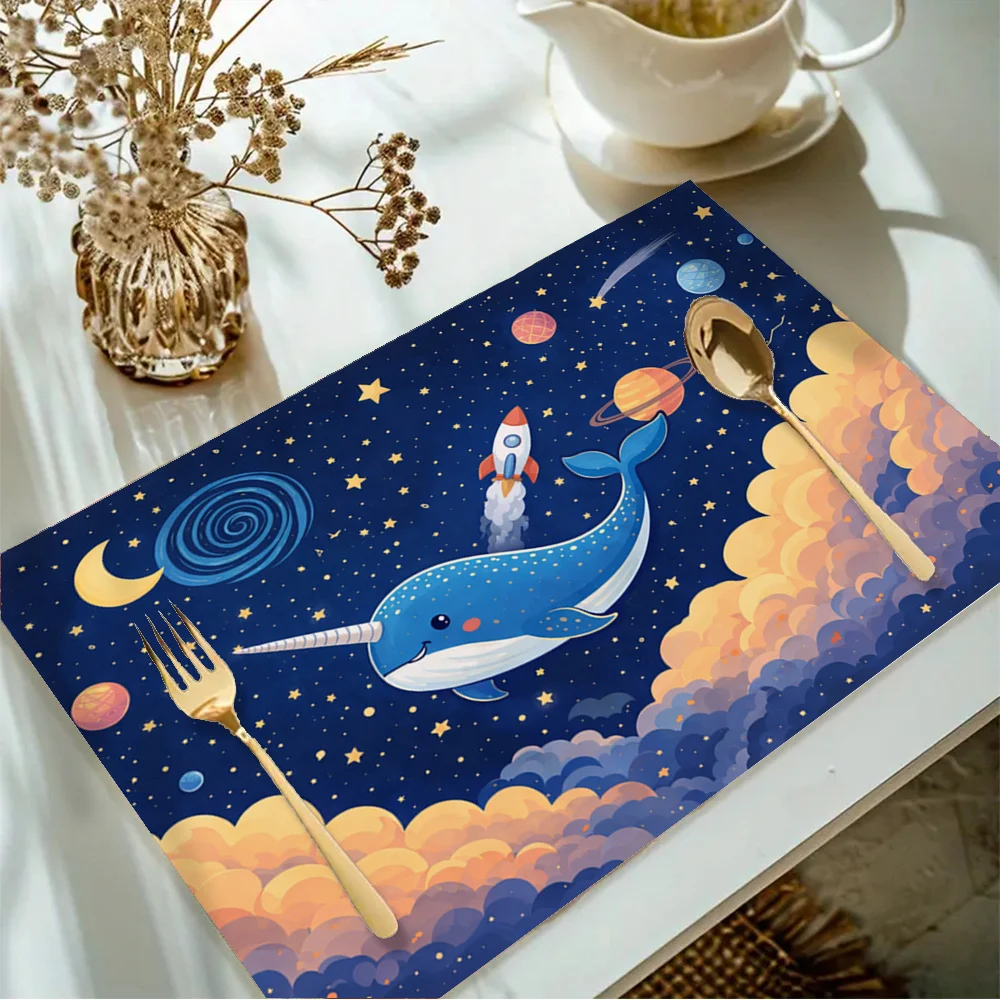 1 pc Space Narwhal Rocket Planet Starry Sky Placemats for Kitchen Dining Table Coffee Table Home Decoration, Holiday Party Gift