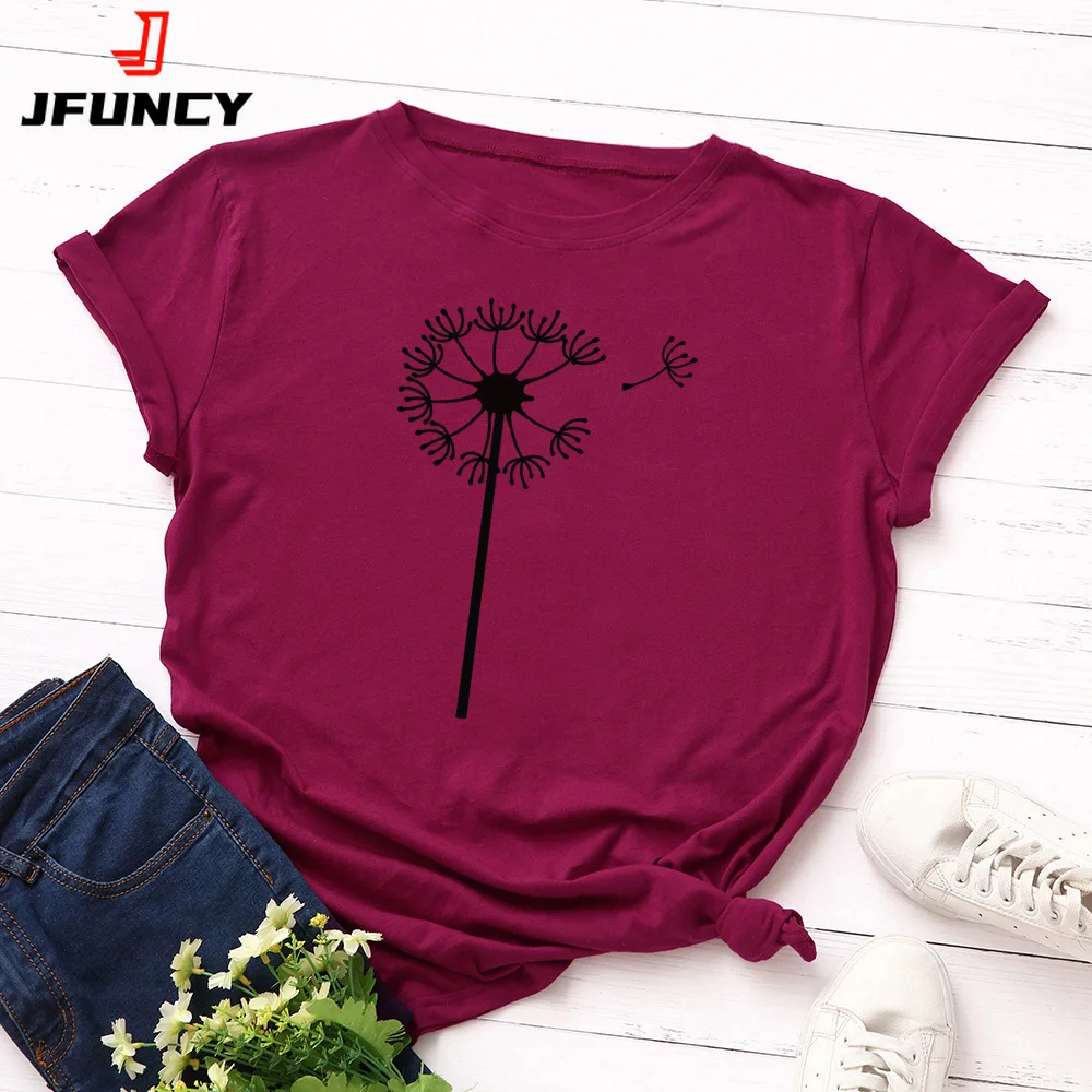 

JFUNCY 2024 Summer Cotton T-Shirt Women T Shirt New Dandelion Print Graphic Tee Female Tshirt Short Sleeve Woman Tops