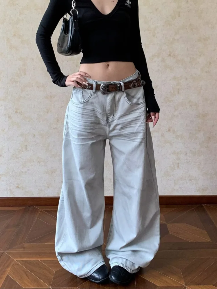 2025 American Retro Y2K Style Dirty Washed White Baggy Women's Jeans Pants For Woman Clothes Wide Leg Cotton Loose Long Trousers