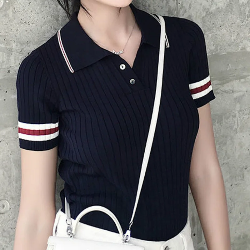 

Women Y2k Top Striped Summer Korean Knitted V-neck Polo Collar Short Sleeve T-shirt for Girls Vintage Simple Harajuku T Shirts