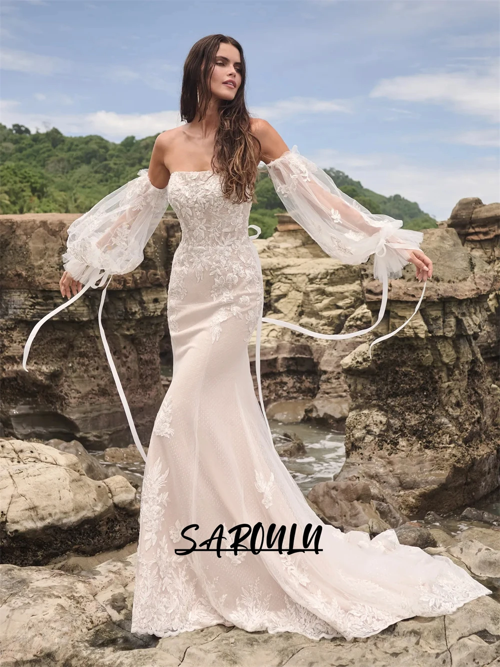 

High Quality Women's Wedding Dress with Puff Sleeves, Long Sheath Tulle Bride Dresses with Lace, Customized Bridal Gown