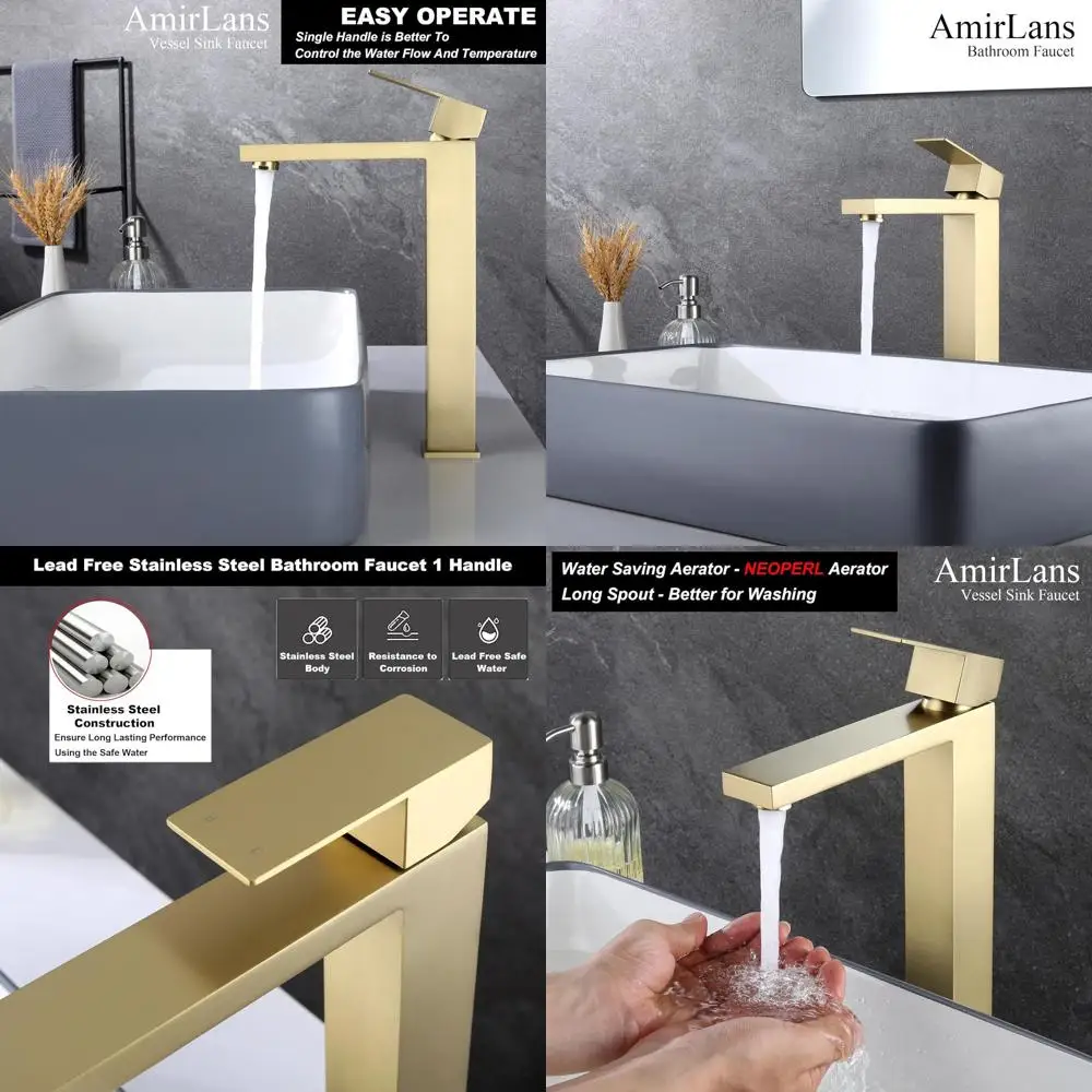 

Single Handle Brushed Gold Tall Bathroom Faucet with Up Drain, 1-Hole Installation