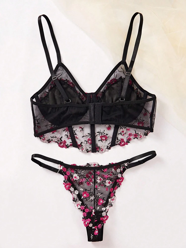 Sexy Bras Set For Women Floral Embroidery Fairy Lingeire Mesh Underwear Romantic Lingerie Exotic Bra Brief Sets Intimate Outfits