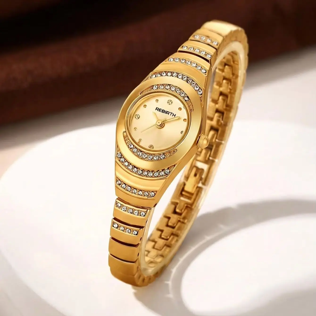EBIRTH Vintage Oval Small Dial Full Diamond Steel Band Women's Quartz Wristwatch, Light Luxury Waterproof Narrow Strap Women's Watch