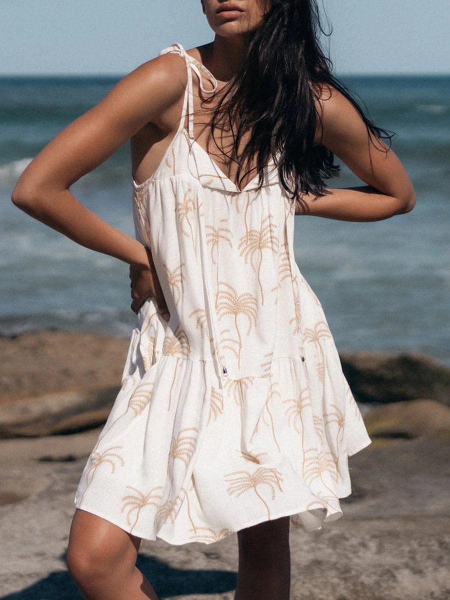 Women s Tie Strap Cami Dress Coconut Tree Print Spaghetti Strap V-Neck Backless Flowy Mini A-Line Dress