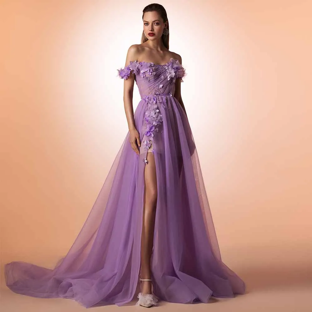 Abiti da sera da donna squisiti Abito da homecoming a trapezio in organza Abito da ballo con volant con spacco laterale viola con spalle scoperte
