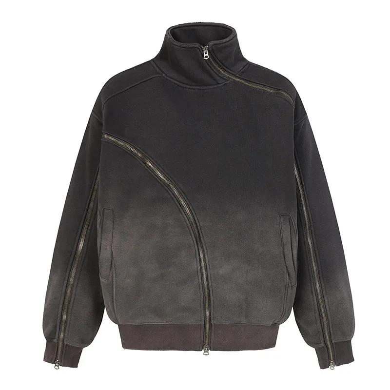 Vintage Zipper Style Irregular Patchwork Sweatshhirt Harakuju Streetwear Casual Pullover Hoodies For Male