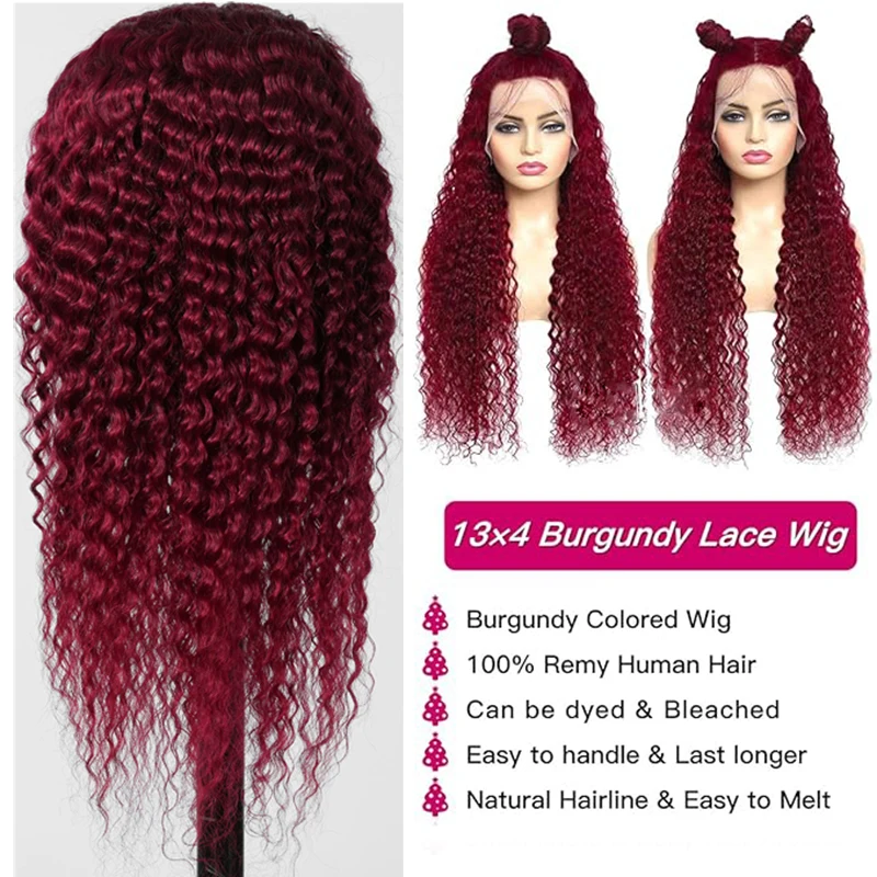 24 Inch 99J Burgundy Deep Wave Wigs Human Hair 13x4 HD Lace Frontal Wigs for Black Women 180% Density Wine Red Curly Human Hair