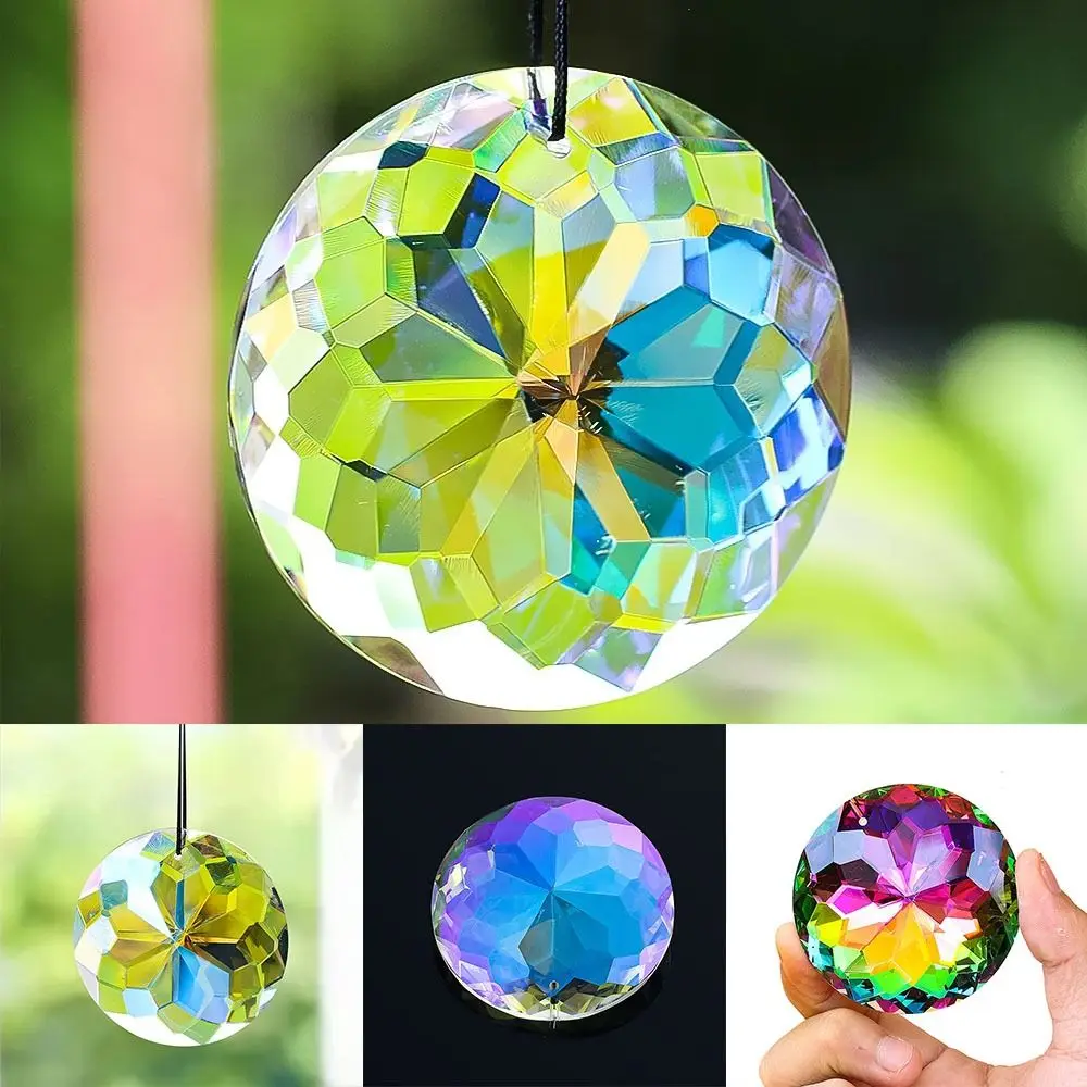 Rainbow Catcher 60MM Mandala Suncatcher Clear Round Mandala Crystal Pendant DIY Crafts Flower Faceted Crystal Prisms Garden