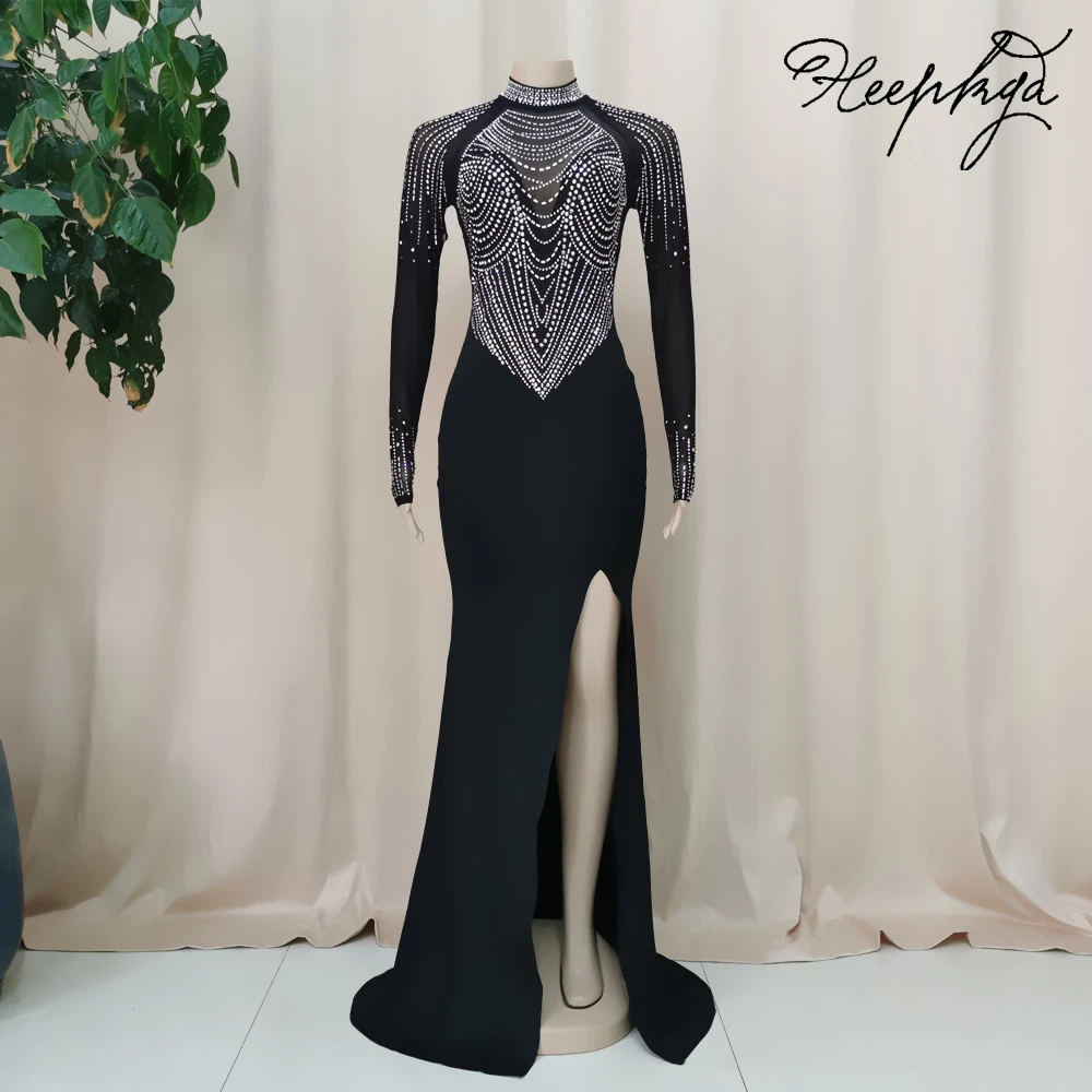 

Exquisite Beading Black Mermaid Dress Evening Full Sleeves High Split See Through Sexy Women Prom Wedding Party Gowns Wholesale