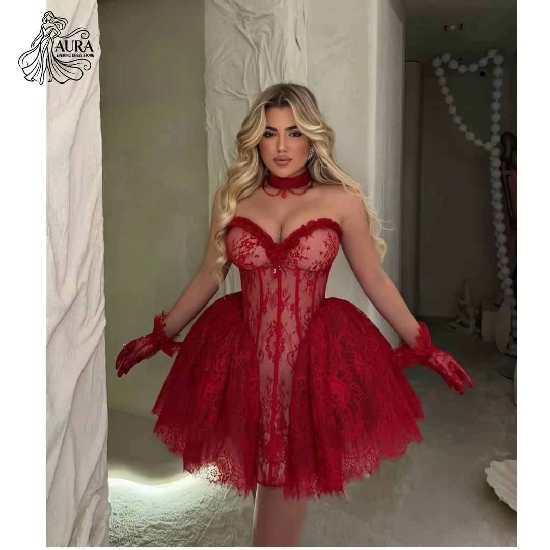 

Aura Custom Made Elegant Dresses for Woman Party Wedding Wedding Evening Dress Red Tube Top A Word Lace Embroidery Ball Gown