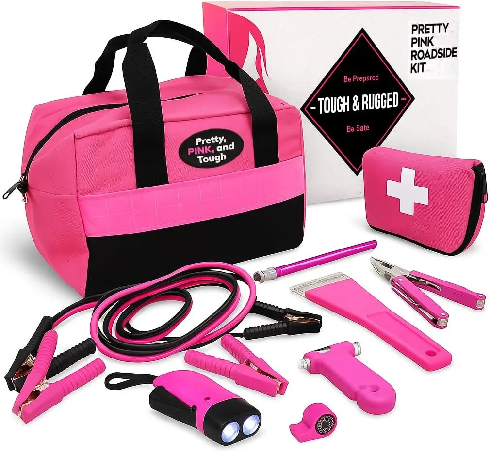 

Розовый аварийный комплект для женщин с перемычками, первая помощь, инструменты в прочной сумке - гарантия 5 лет