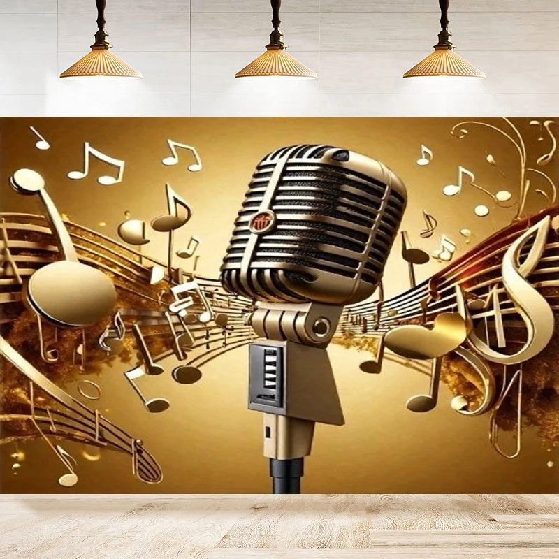 Photography Backdrop For Music Notation Musical Symbol Microphone Background Black And Gold Art Party Decor Live Stage Banner