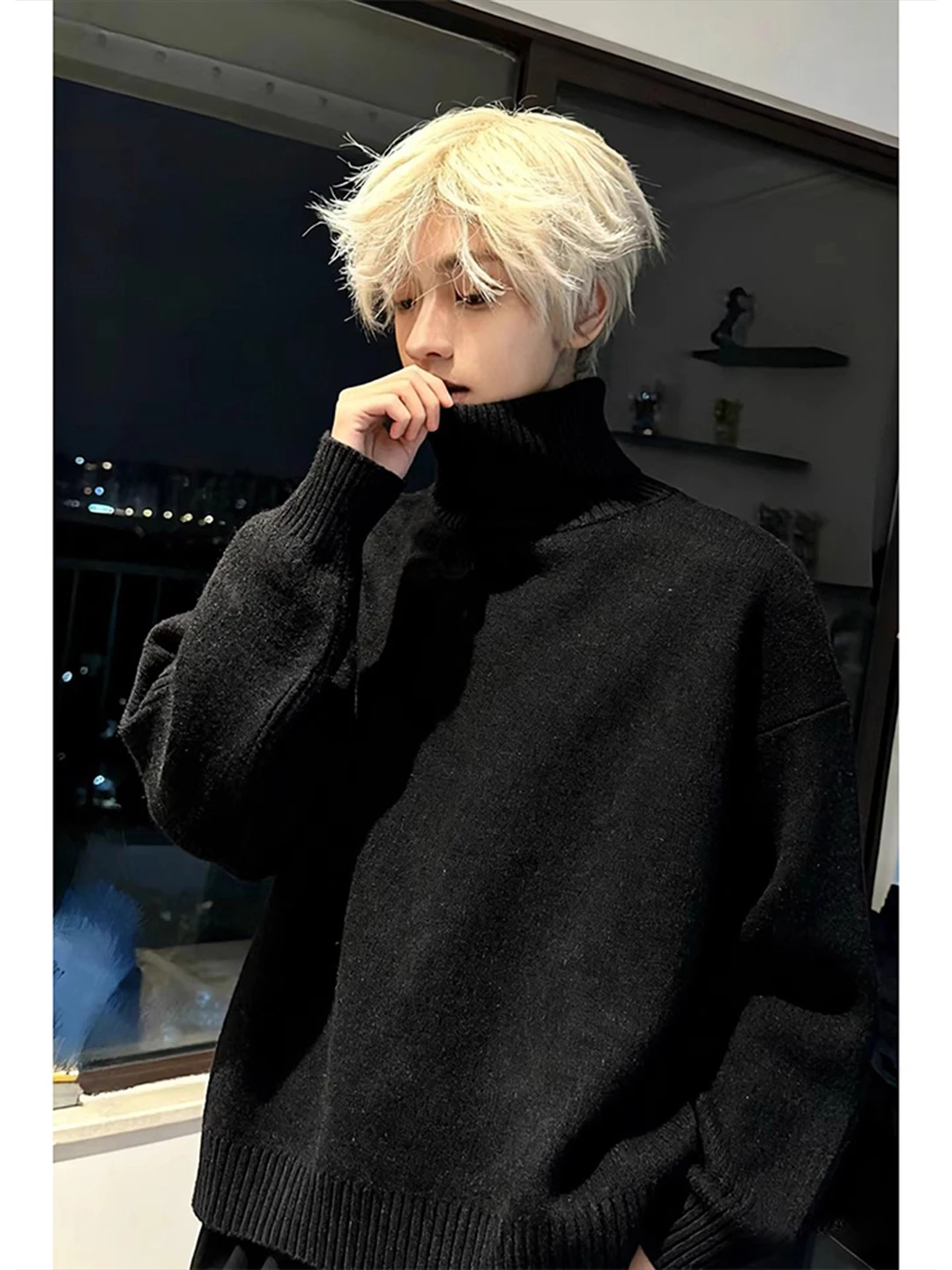 

Мужской теплый вязаный свитер с высоким воротником в корейском стиле, модный повседневный удлиненный свитер для зимы