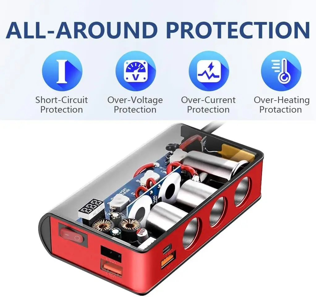 7 in 1 Cigarette Lighter Splitter 180W Car Charger Adapter with 3 sockets 12V/24V Max 6.6A 4-Port Fast Charge USB Outlet