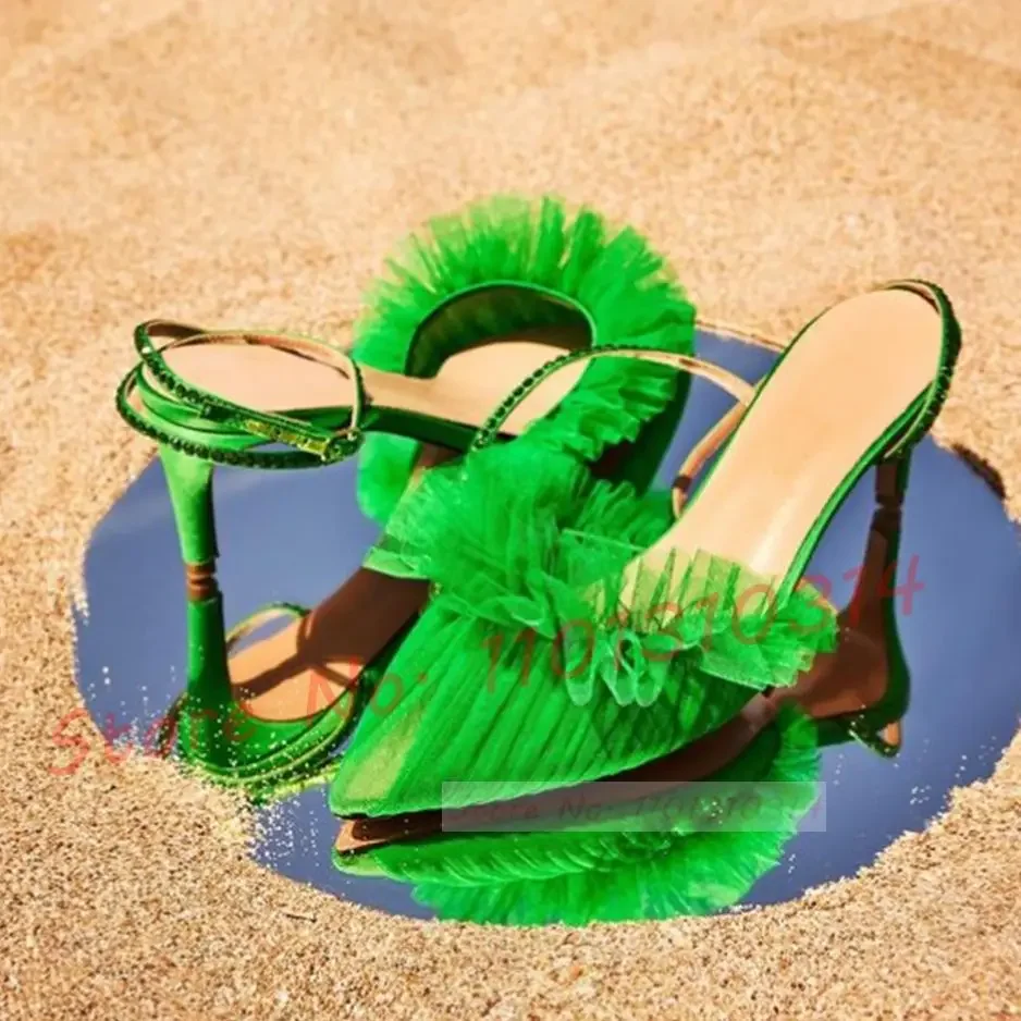 

Mesh Ruffles Pointy Heels Sandals Women Elegant Rhinestone Green High Heels Shoes Flowers Summer Party Trends Grade Chic Sandals