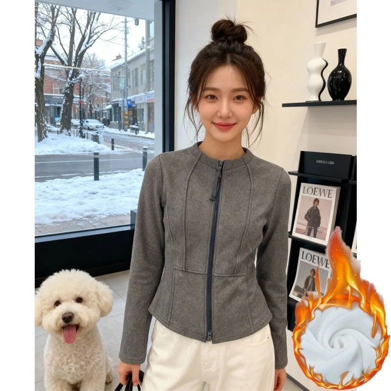 

Women's ey Fce Lined Zipper Warm ort Coat Slim Fit mat Sle Autumn Winter New Arrival Faion Outerwear