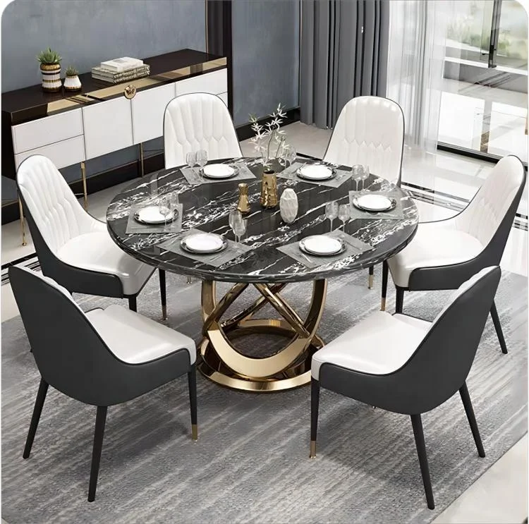 /High Quality Custom Dining Room Furniture Luxury Modern Golden Metal Marble Top Round Dining Table
