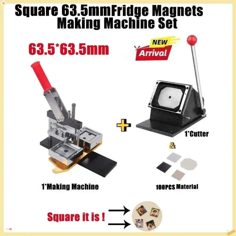 Square Fridge Magnets Making Machine Rotary Metal with Paper Cutter and 100 Sets of Magnet Fridge Making Parts 63.5x63.5mm