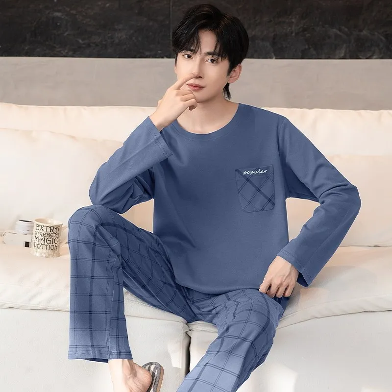 Korean Fashion Men's Cotton Sleepwear Autumn and Spring Long Sleeves Trouser 2Pcs/set Pajamas Young Boy Male Loungewear Pyjamas