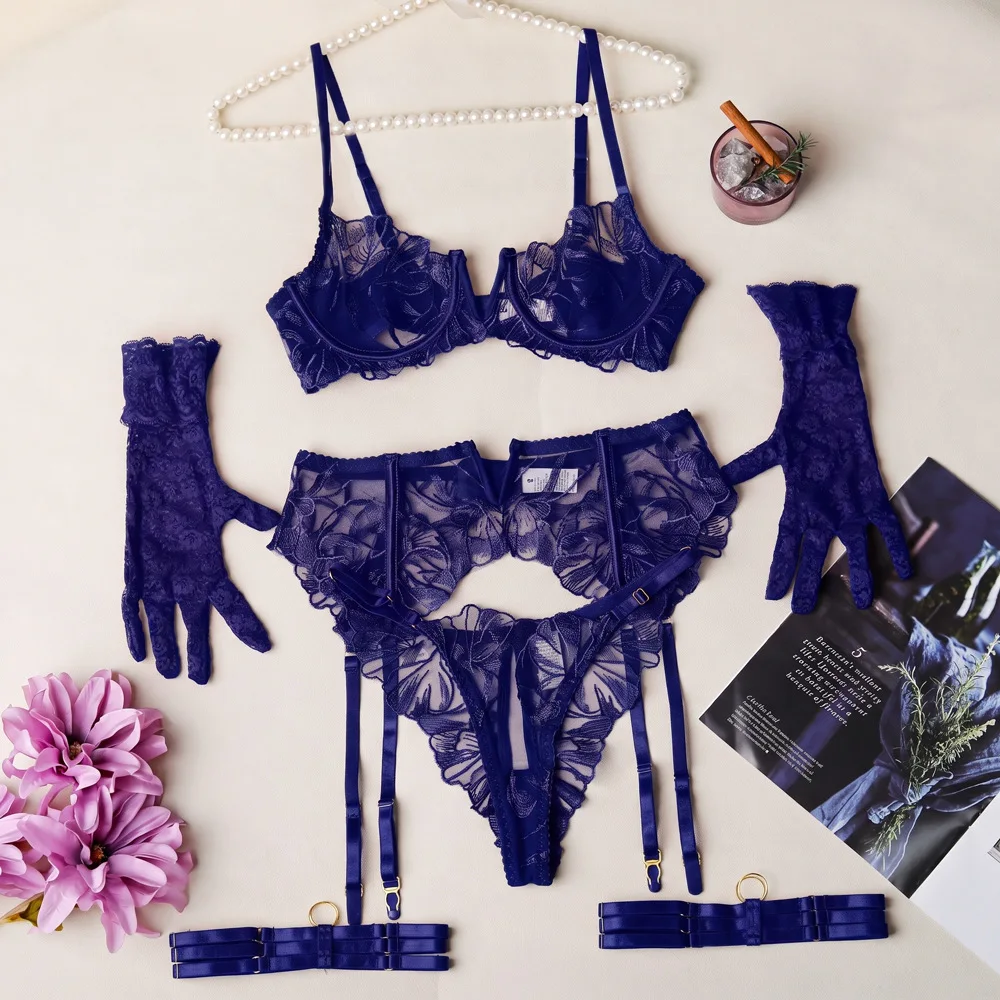 Conjunto de Lencería Femenina Toucheart con Bordado Floral, Sujetador Push-Up de Encaje, Liguero, Faja Reductora, Tanga, Guantes, Ropa Interior Sexy y Atractiva