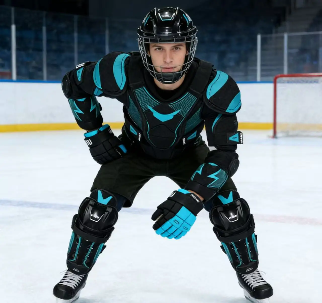 

Комплект защитной экипировки для хоккея с шайбой: защитные щитки разных размеров, полный набор