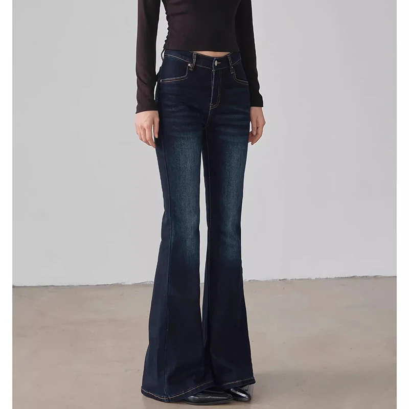 Hot Sale Women Straight Leg Flared Jeans Lady Blue Gray Slim Fit Trousers Female Retro Casual Solid Thin Denim Pants