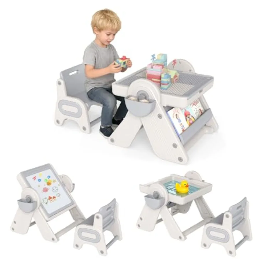 Table and Chair Set for Art, Learning, Play: Adjustable Gray Easel with Whiteboard, Building Block Surface, Bookshelf, Sand/Wat