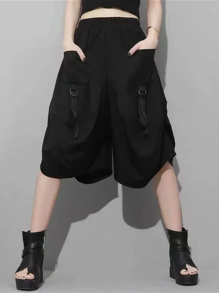 سروال نسائي أسود فضفاض للجنسين متعدد الجيوب شخصية رائعة للفتيات موضة Ulzzang High Street متعدد الاستخدامات بطول الركبة