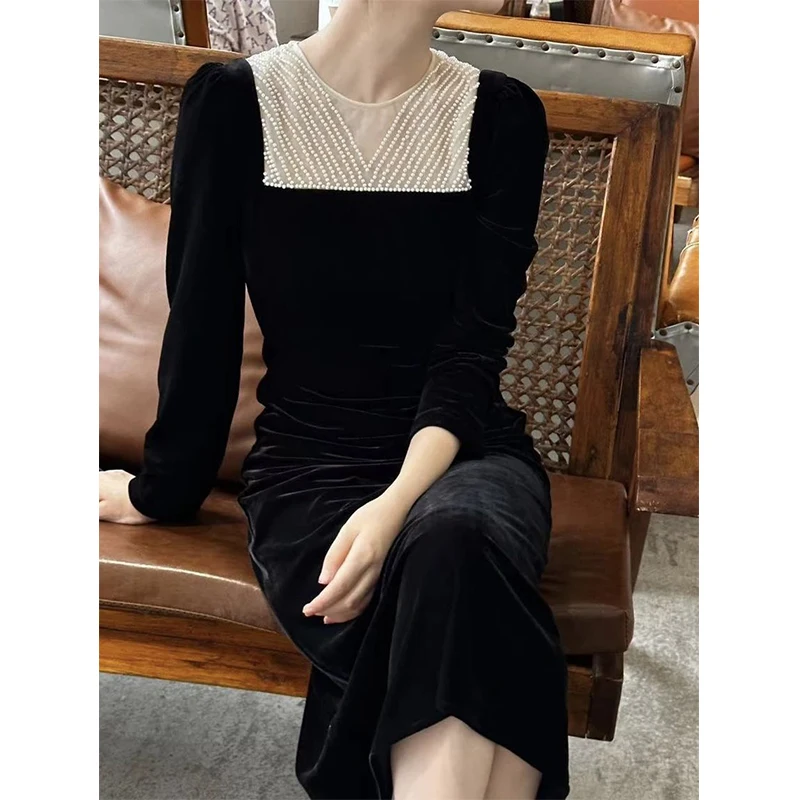 Autumn Winter O Neck Patchwork Elegant Fashion Robe Female Long Sleeve Temperament Black Dress Ladies Vestido Women\'s Clothing