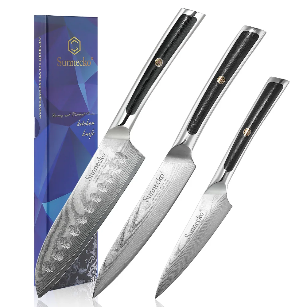 Sunnecko 3PCS Kitchen Knives Set 73 Layers VG10 Damascus Steel Vegetable Fruit Cutting Knife Ultra Sharp Small Chef\'s Knife