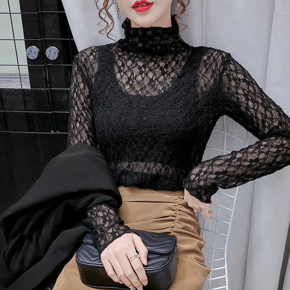 Elastic Flower Lace T Shirt Girls Stretch See Through Shirt O Neck Long Sleeve S-XL Top Women Black White Apricot Ladies Blouses